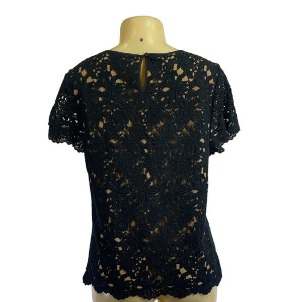 Talbots Petites Black Floral Lace Short Sleeve Top 14P New
