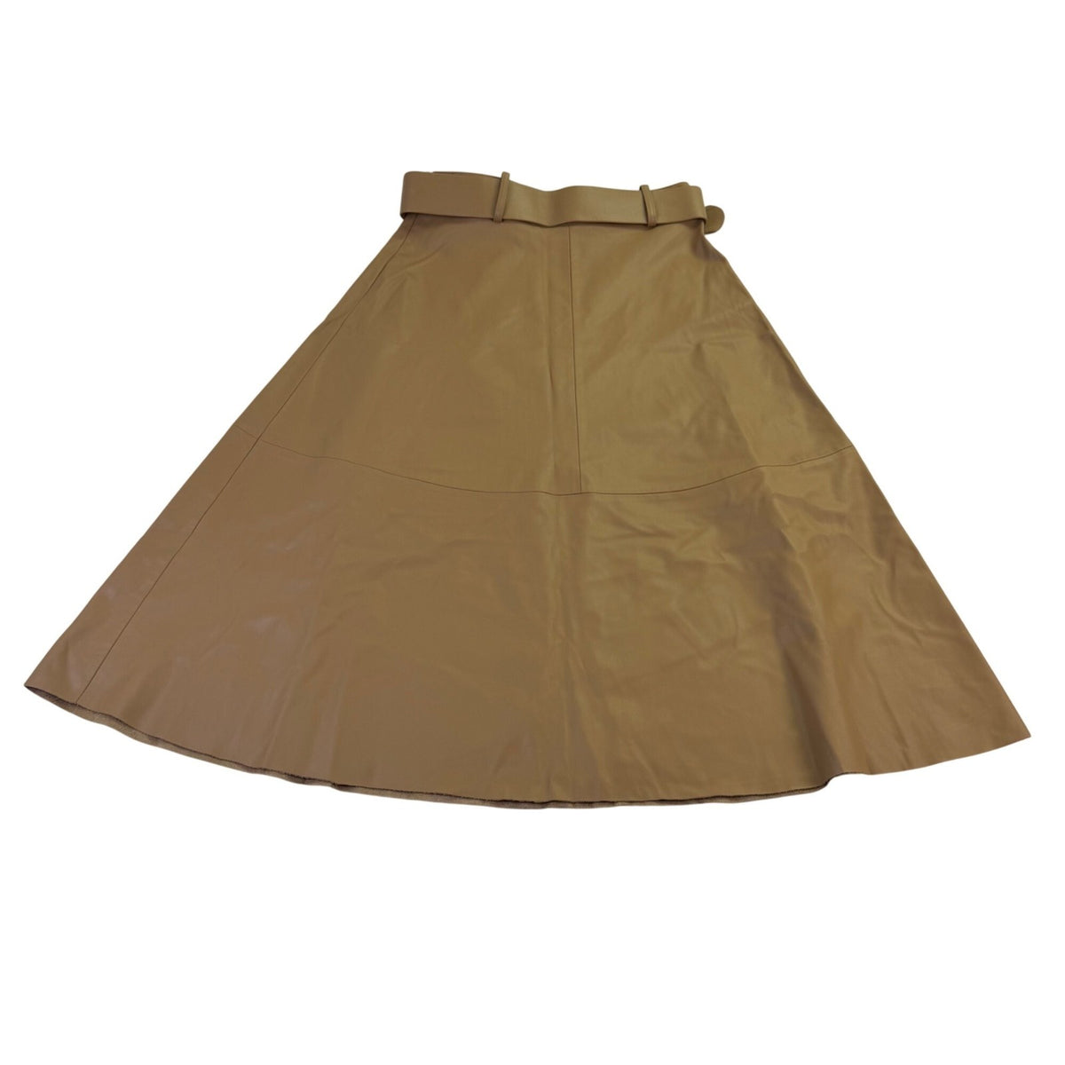 Zara Womens Tan Faux Leather Belted A-Line Midi Skirt Stylish Flared Design Sz S