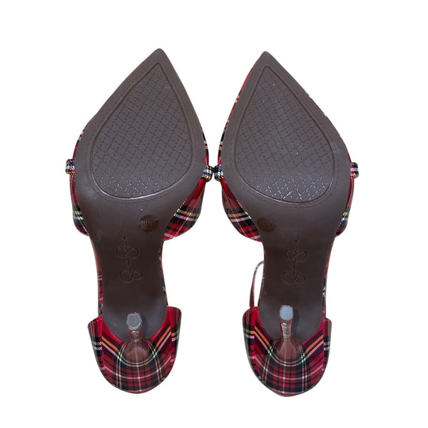 Jessica Simpson Women’s Red Faux Patent T-Strap Plaid Pointed Toe Heels Size 6M