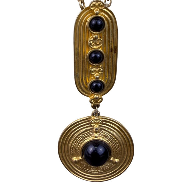 Vintage Womens Gold Tone Metal Necklace With Black Cabochons