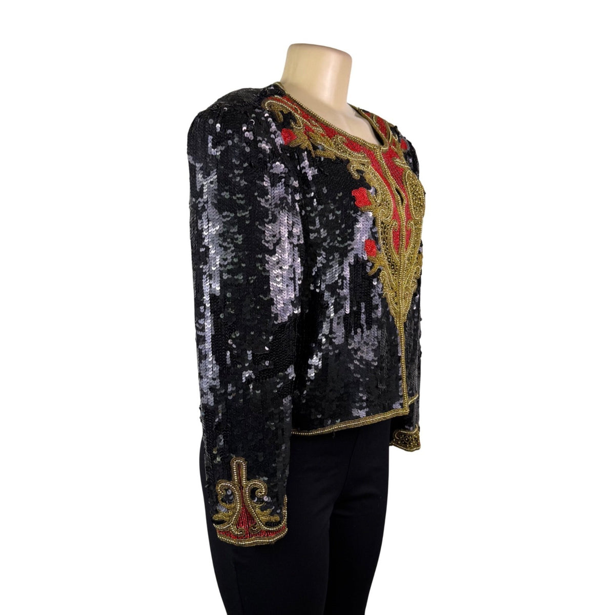 Marie Ellyse Womens Black Sequin & Gold Embellished Silk Cropped Jacket Size L