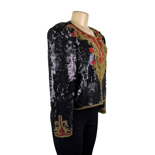 Marie Ellyse Womens Black Sequin & Gold Embellished Silk Cropped Jacket Size L