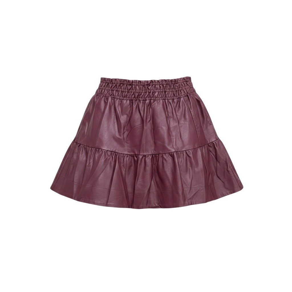 Anthropologie Womens Burgundy Coated Faux Leather Tiered Mini Skirt L