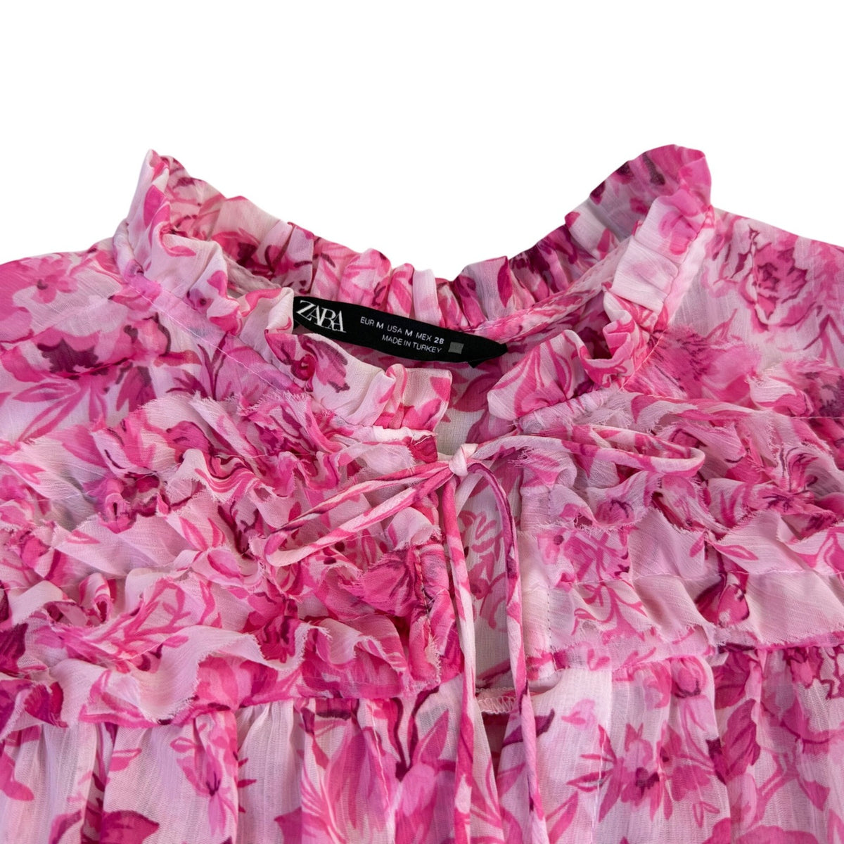 Zara Womens Pink Floral Sheer Blouse Long Sleeve Button Front Ruffled Collar Siz