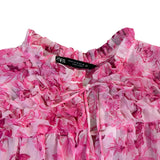 Zara Womens Pink Floral Sheer Blouse Long Sleeve Button Front Ruffled Collar Siz