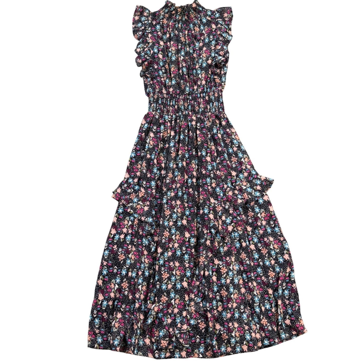Nanette Lepore Womens Black Floral Midi Dress Ruffled Sleeveless Size 8