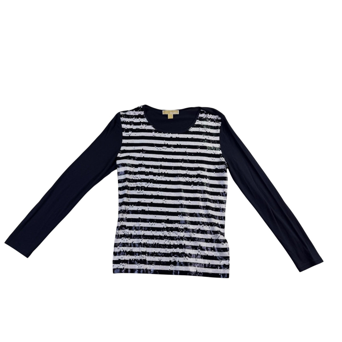 Michael Kors Womens Navy Sequin Striped Cotton & Modal Long Sleeve Top Size L