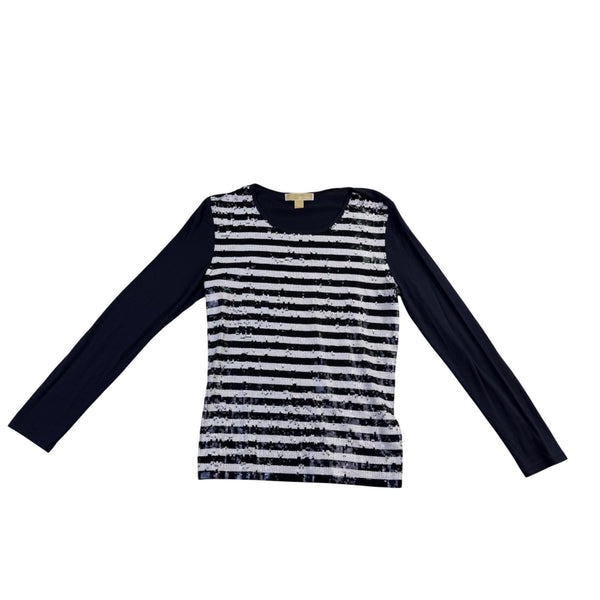 Michael Kors Womens Navy Sequin Striped Cotton & Modal Long Sleeve Top Size L