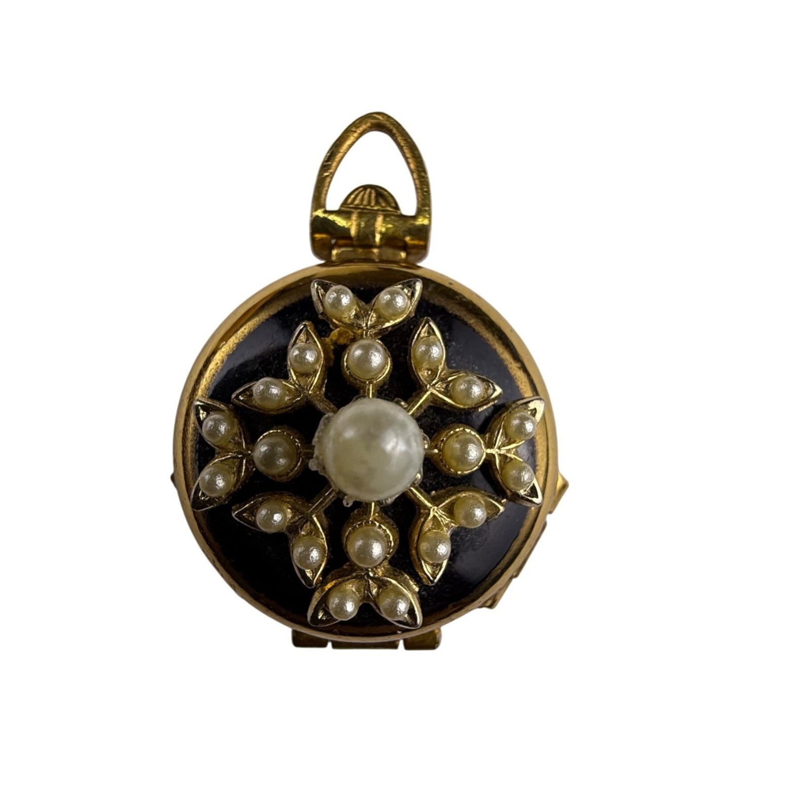 Coro Gold Tone & Black Vintage Round Triple Locket With Faux Pearls ...
