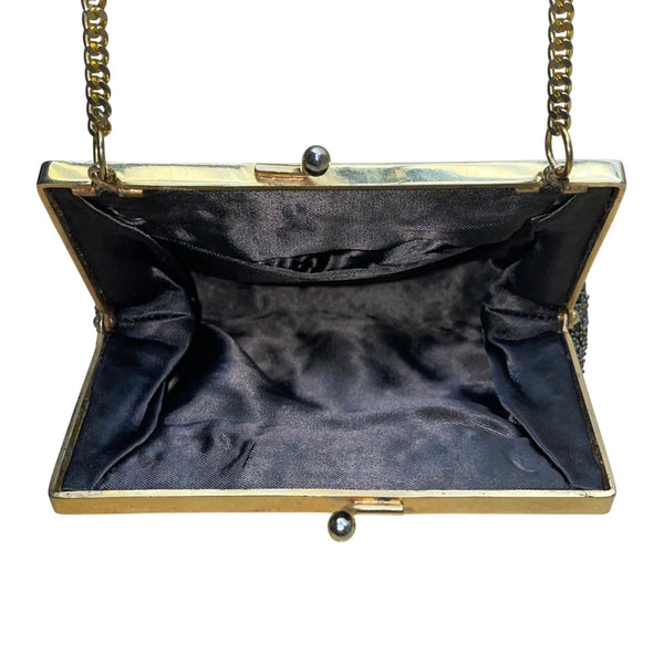 Vintage Women’s Gold & Black Beaded Chain Crossbody Strap Evening Clutch Bag