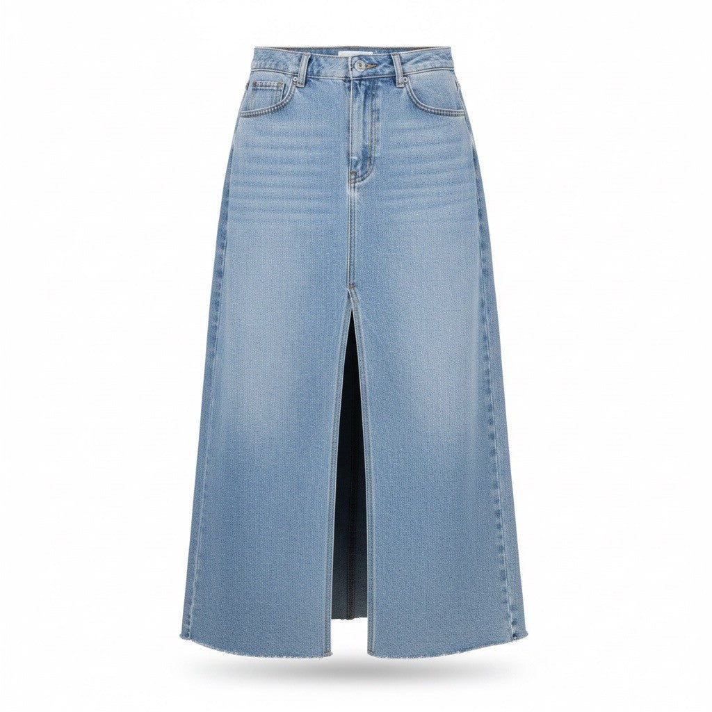 By Together Womens Light Blue Cotton Denim Maxi Skirt With Front Slit Size L