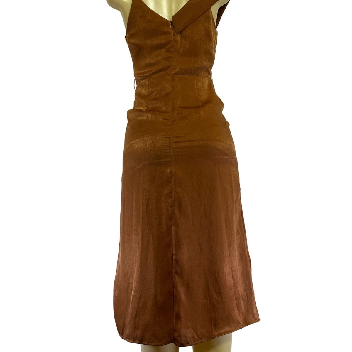 Brown Asymmetrical Satin Midi Dress With Adjustable Straps & Side-Zip Closure Ne