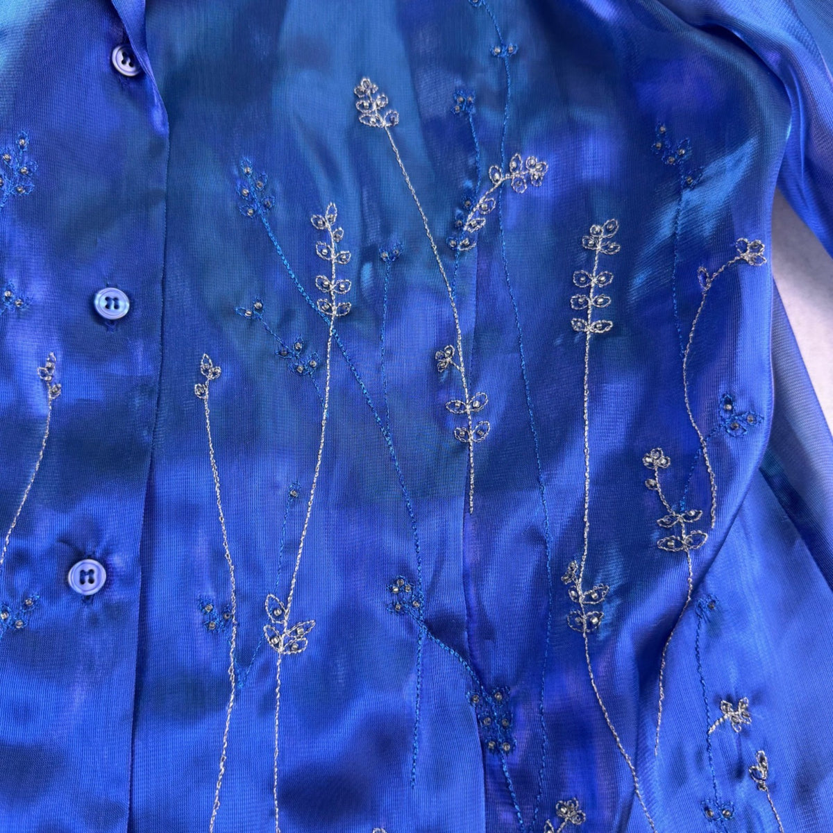 Dress Barn Womens Blue Sheer Embroidered Button-Front Long-Sleeve Blouse Size L