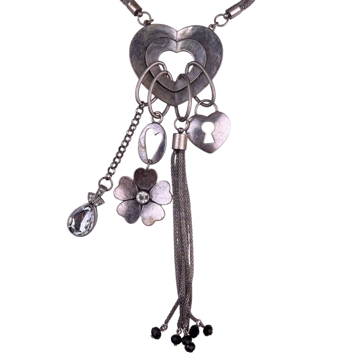 Silver Tone Womens Floral & Heart Charm Necklace Mixed Metal Statement Jewelry