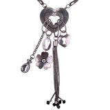 Silver Tone Womens Floral & Heart Charm Necklace Mixed Metal Statement Jewelry
