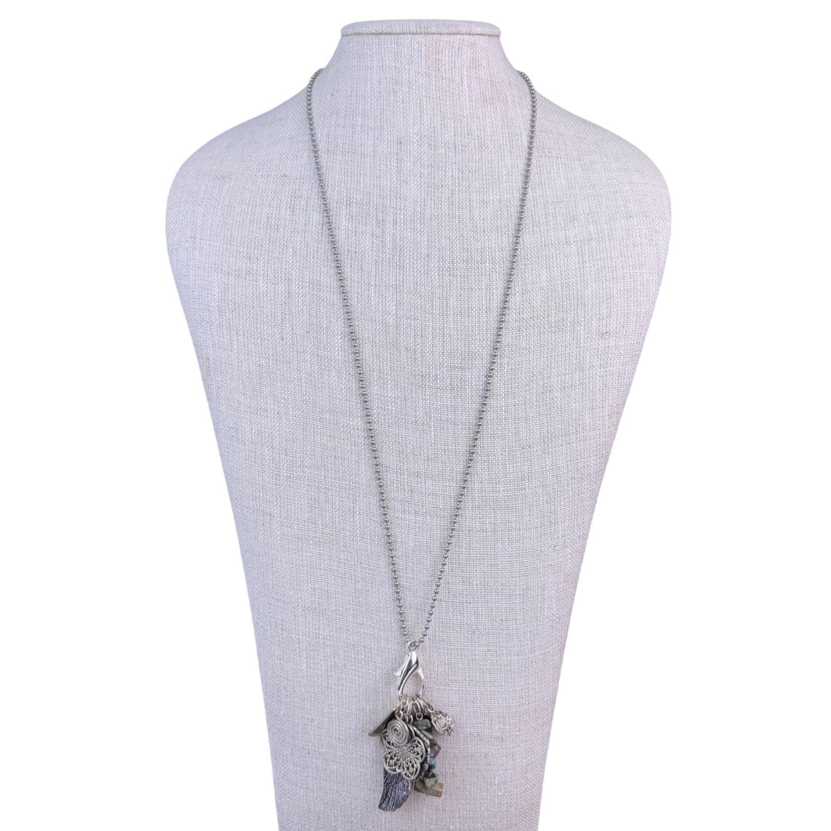 Charmed Life Womens Silver Tone Pewter Pendant Necklace Ball Chain Turquoise