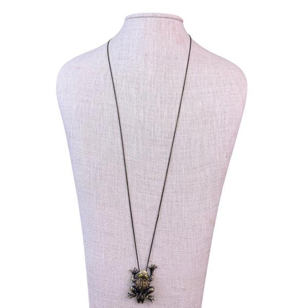 Rhinestone-Accented Frog Pendant Necklace Snake Chain Bronze Tone Enamel