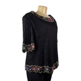 Lawrence Kazar Womens Black Beaded Silk  Jacket & Top Floral Embellished Sz 2X