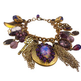Vintage Womens Gold Tone Copper Charm Bracelet With Purple Cameo & Locket