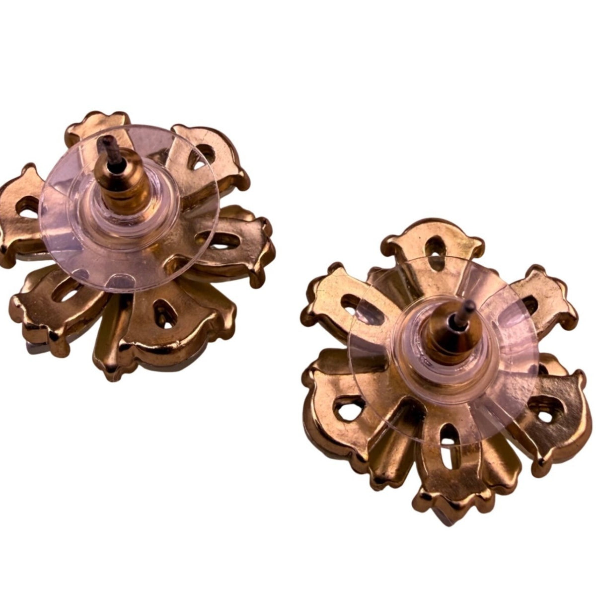 Womens Gold Tone Crystal Floral Stud Earrings