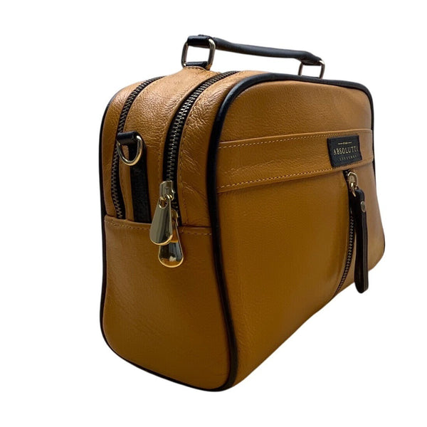 Absolutti Camel Brown & Black Faux Leather & Gold Zipper Crossbody Camera Bag