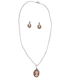 Sterling Silver 925 Vintage Cameo Necklace & Earrings Set Hand-Carved Antique