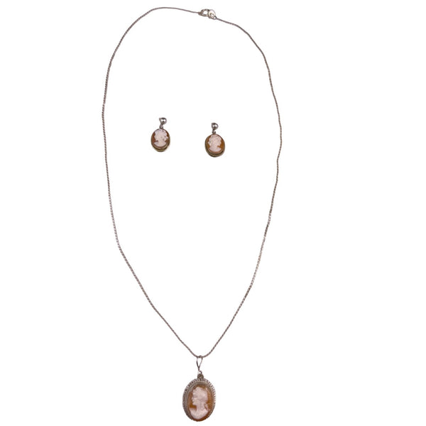 Sterling Silver 925 Vintage Cameo Necklace & Earrings Set Hand-Carved Antique