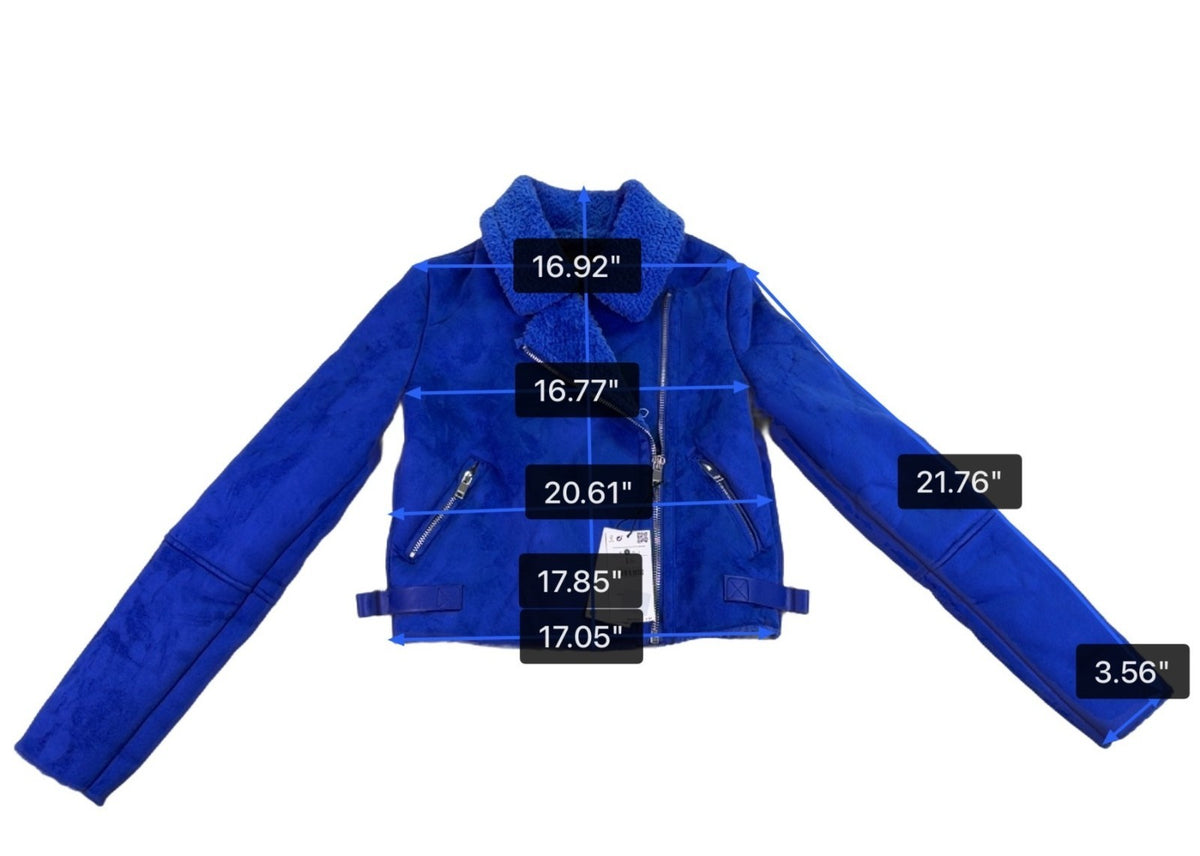 Bershka Womens Blue Faux Shearling Biker Jacket With Zipper Pockets Size S