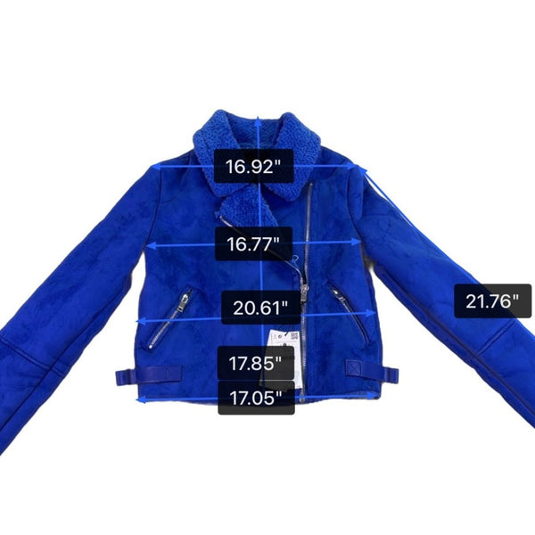 Bershka Womens Blue Faux Shearling Biker Jacket With Zipper Pockets Size S