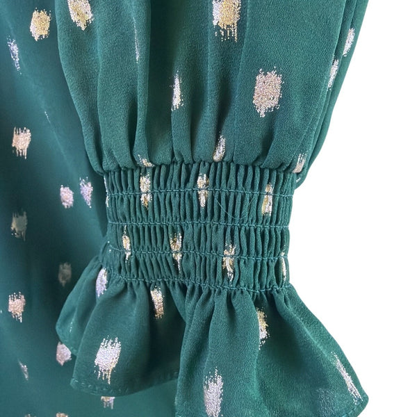 Ted Baker Womens Green Puff Sleeve Top Metallic Polka Dot Accent Size 1