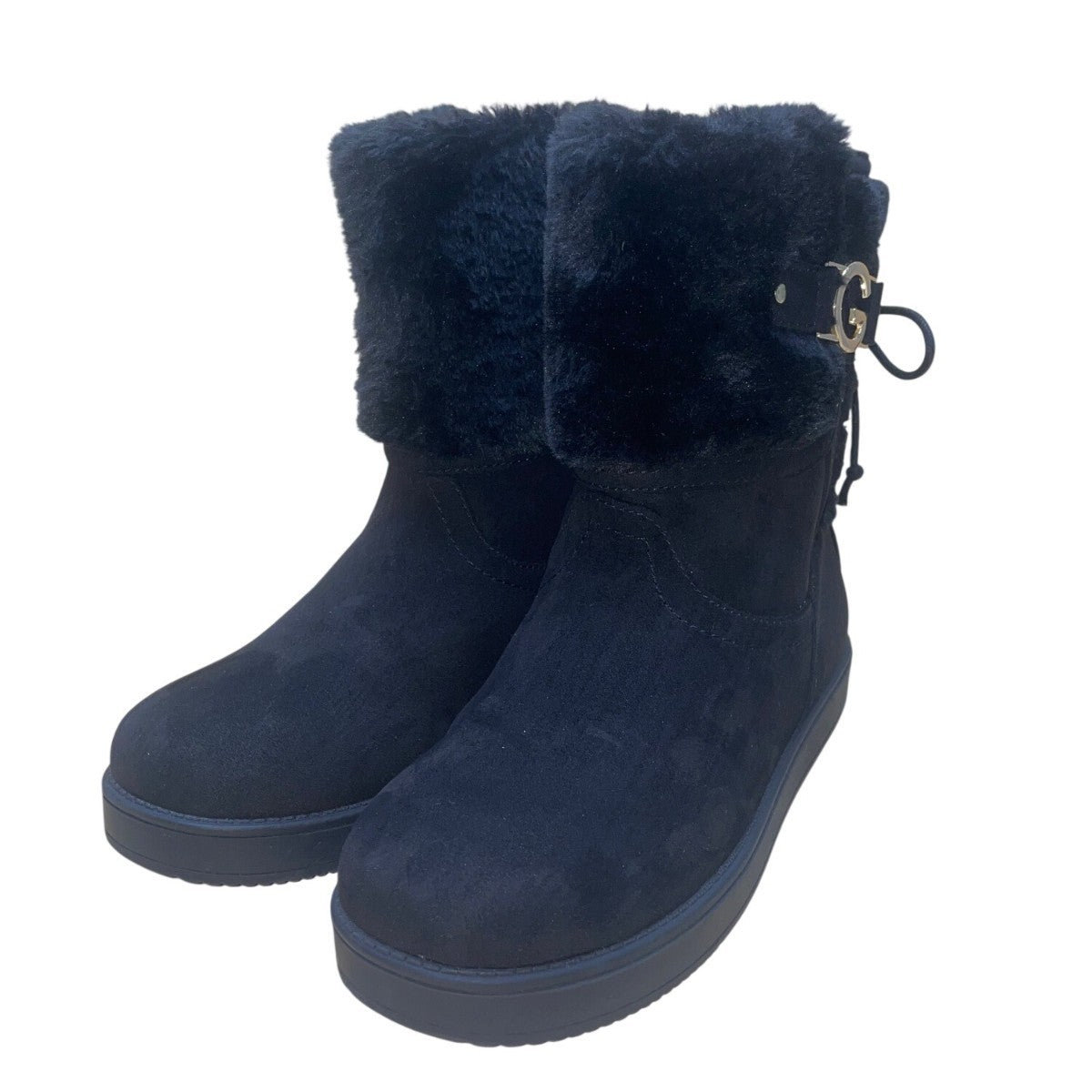 GBG Women’s Black Faux Suede Fur-Lined Gold Logo Accent Short Boots Size 7M