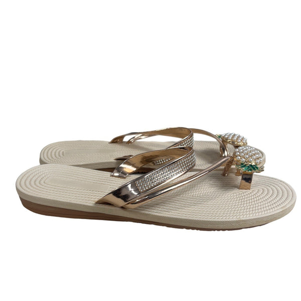 Women's Beige Pineapple Faux Pearls Rhinstone Strap Sandals Sz 42 (11.5 US)