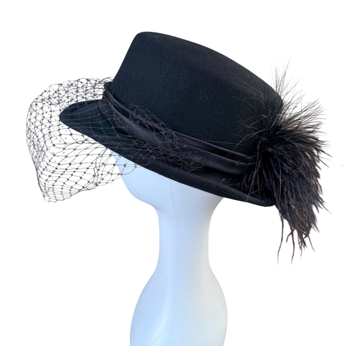 Arlin Georgi Womens Black Wool Feather Veil Hat Elegant Vintage Formal