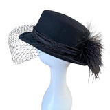 Arlin Georgi Womens Black Wool Feather Veil Hat Elegant Vintage Formal