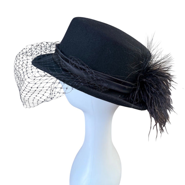 Arlin Georgi Womens Black Wool Feather Veil Hat Elegant Vintage Formal