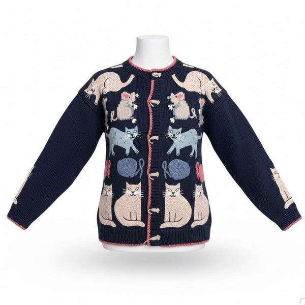 Bellepointe Womens Navy Cotton Ramie Cat Graphic Cardigan Sweater Knit Size S