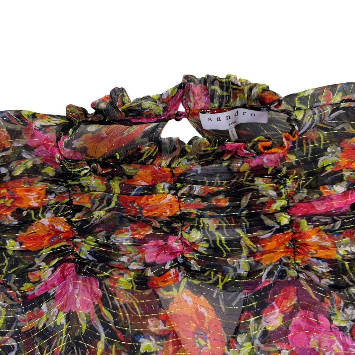 Sandro Womens Black Floral Print Sheer Blouse With Ruffled Details Size 1