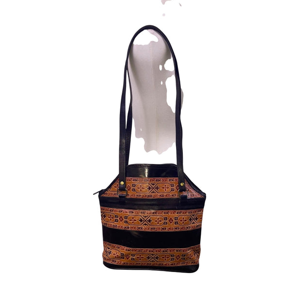 Women’s Black Brown Leather Patterned With Dual Shoulder Straps Tote Bag