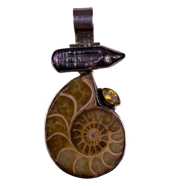 Sterling Silver 925 Womens Brown Fossil Ammonite Pendant With Gemstone & Pearl