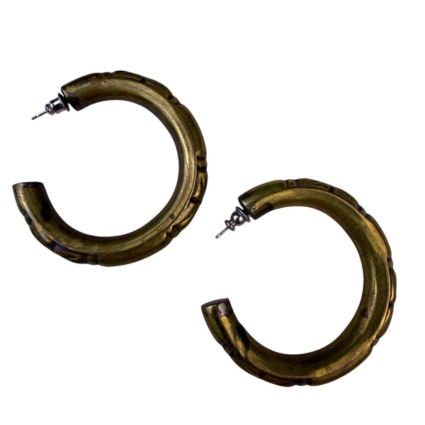 Brass Tone Womens Etched Hoop Earrings Ethnic Style Lightweight Jewelry