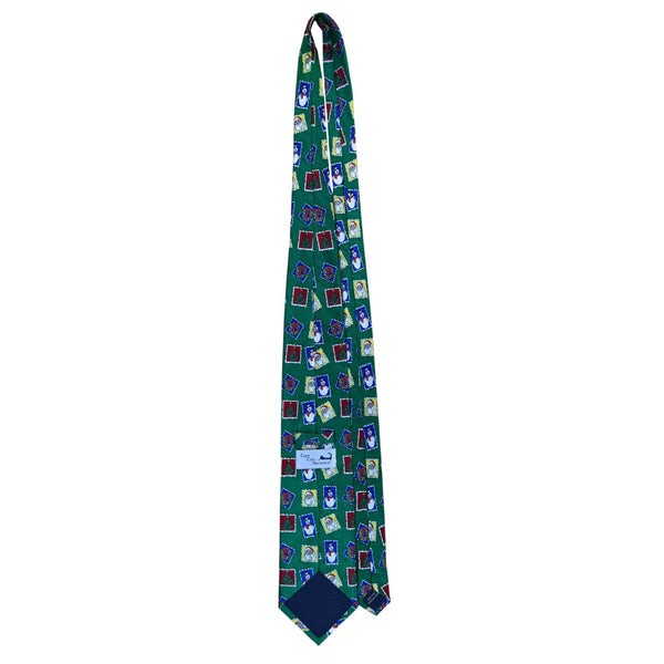 Cape Cod Mens Green Silk Christmas Holiday Tie Snowman Santa Tree Print OS