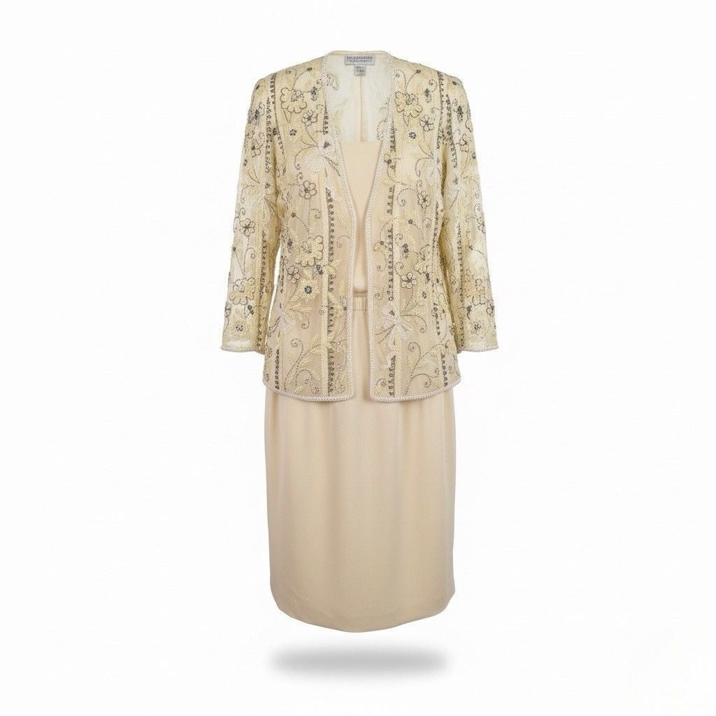 Blacktie Oleg Cassini Womens Beige Two-Piece Tank Top & Skirt Set Size 14