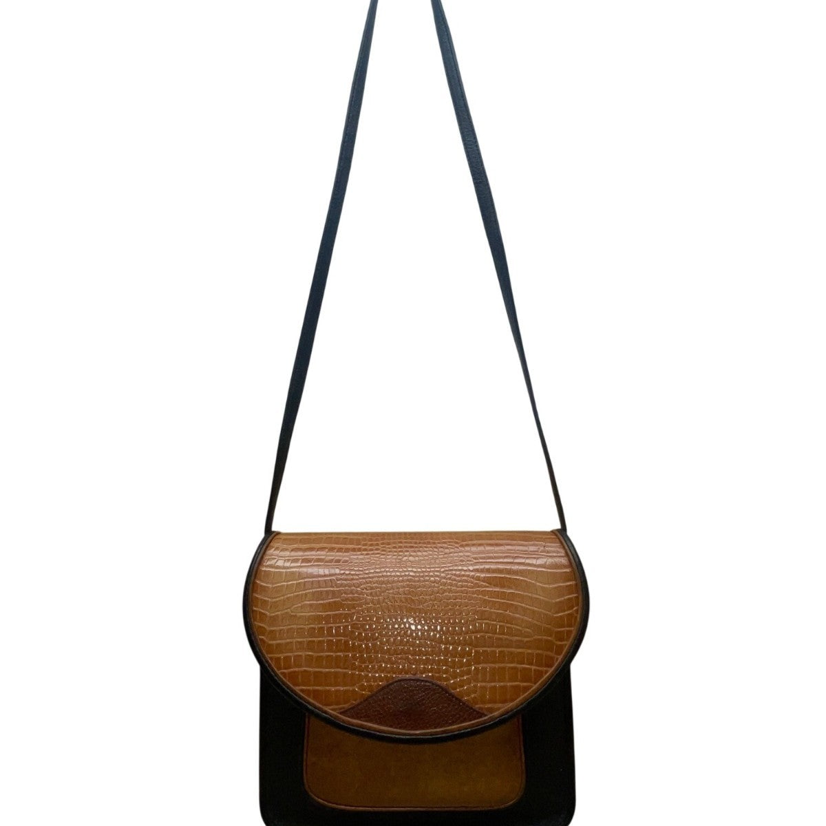 Black & Brown Faux Croc Embossed Leather Flap Magnetic Closure Crossbody Bag
