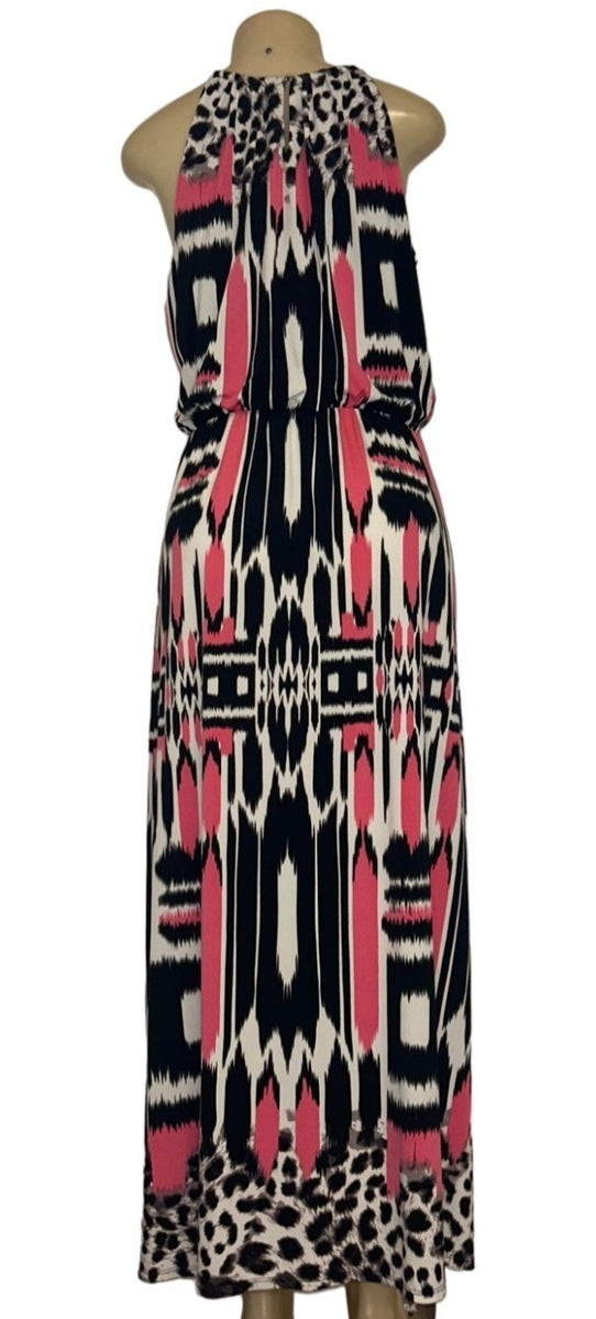 London Style Collection Womens Maxi Dress 12P Pink & Black Abstract Print Sleeve