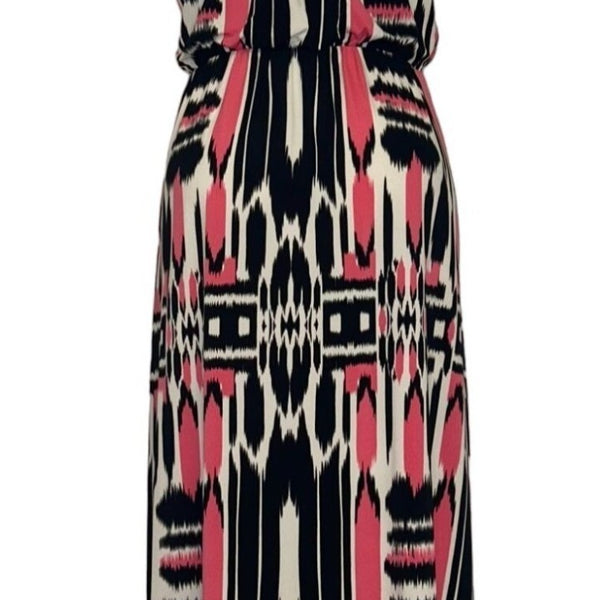 London Style Collection Womens Maxi Dress 12P Pink & Black Abstract Print Sleeve