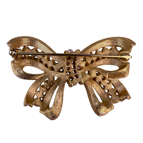 Vintage Trifari Womens Gold Tone Faux Pearl Ribbon Brooch Pin Bow Design