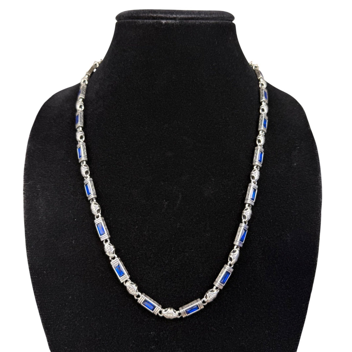 Sterling Silver Unisex Blue Gemstone Link Necklace Handmade Detailed Vintage...