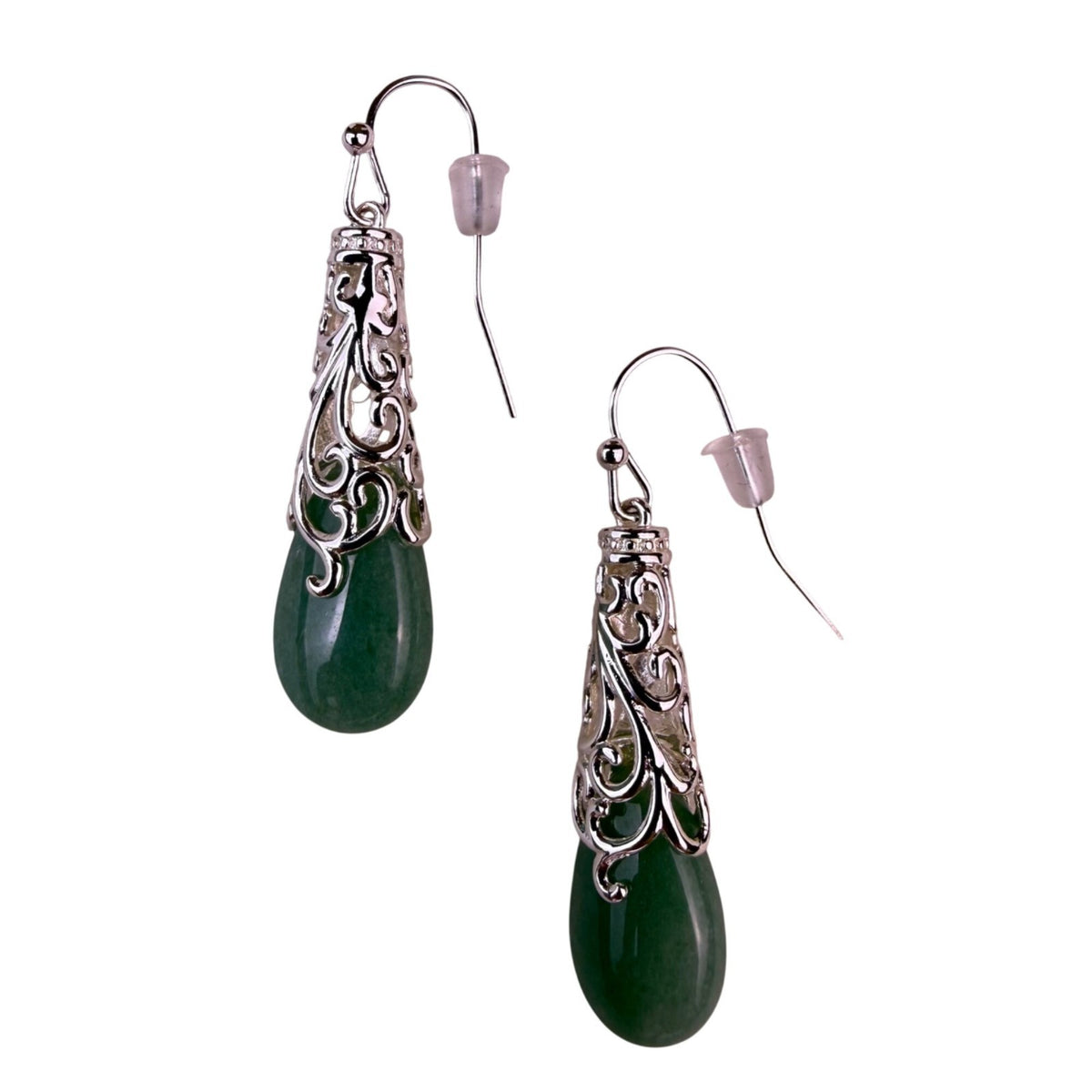 Silver-Tone Womens Green Teardrop Gem Filigree Dangle Earrings Elegant Design