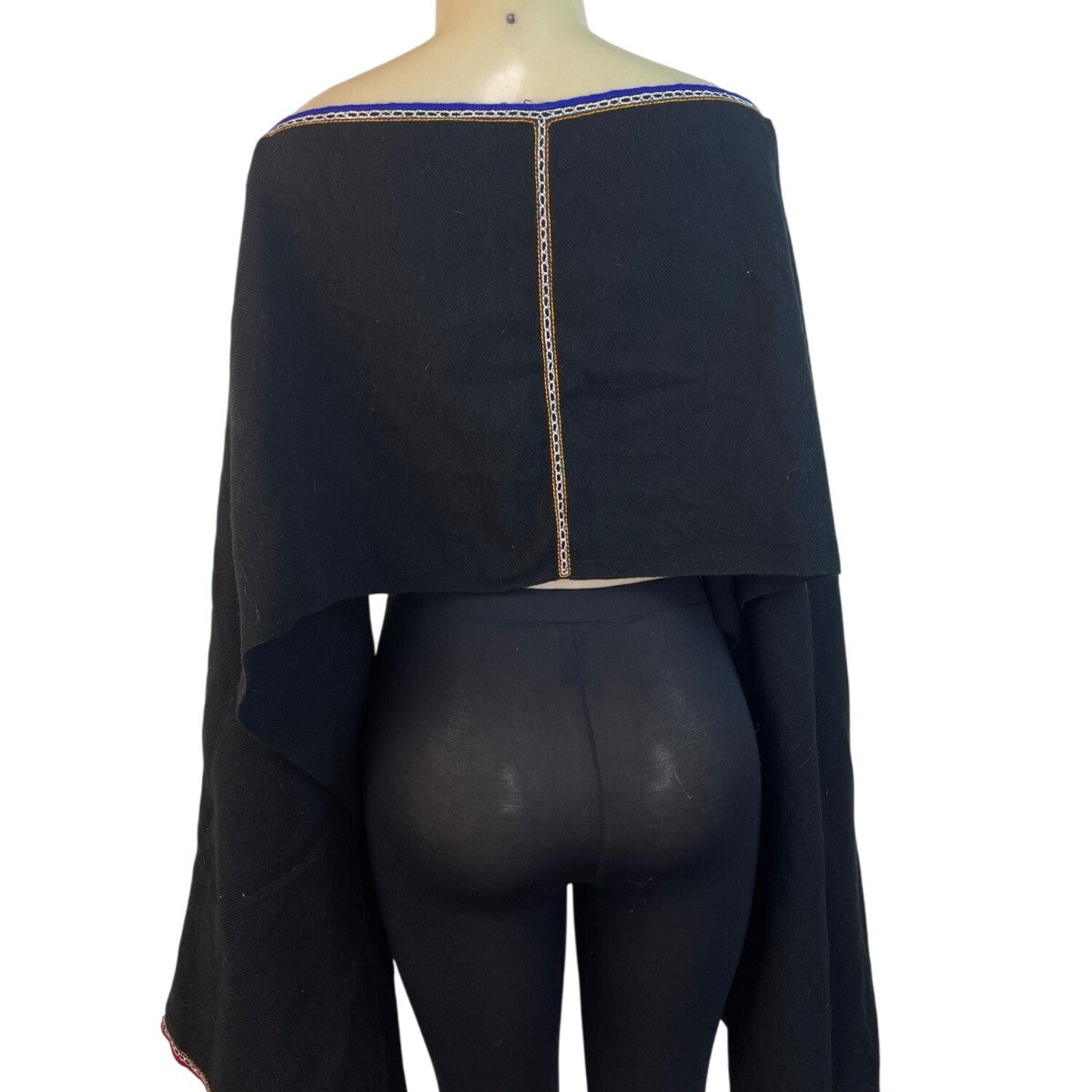 Black Boho Off-Shoulder Crop Top With Bell Sleeves & Embroidered Trim