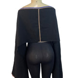 Black Boho Off-Shoulder Crop Top With Bell Sleeves & Embroidered Trim